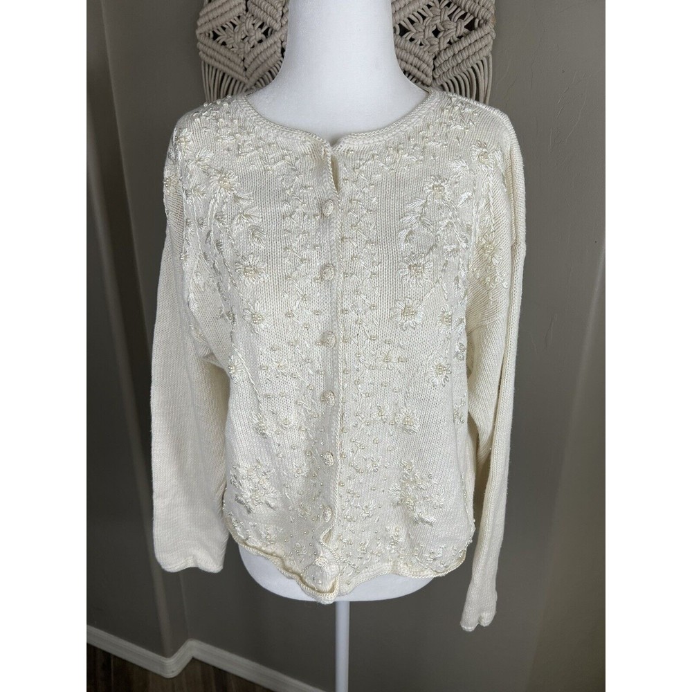 VINTAGE Beaded Ivory Cardigan Sweater Size L Pearls Floral Ramie Cotton